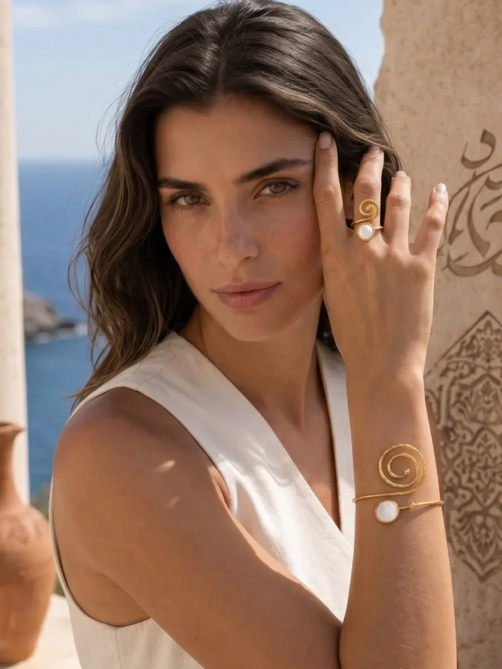 Turkish Artisanal 18K Gold Plated Spiral Set MOP Ring and Bracelet Boho